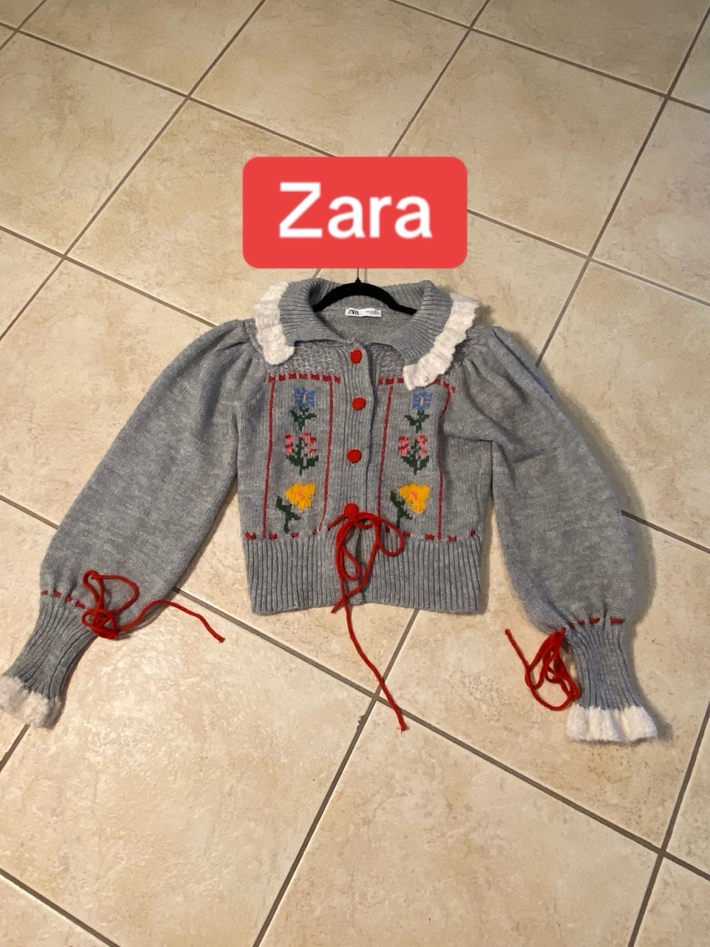 Zara womans medium Light Gray Floral Embroidered Cardigan with Red  tie Trim